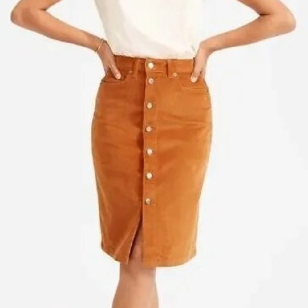 EVERLANE rust brown corduroy knee length pencil skirt with buttons